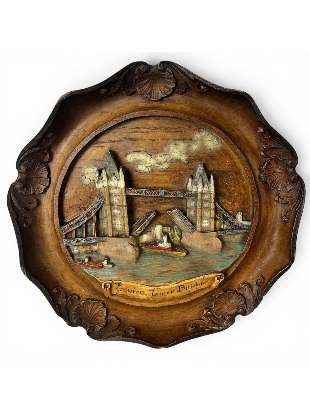 Vintage 3D Faux Wood London Tower Bridge England Wall Plaque Mid Century Kitsch